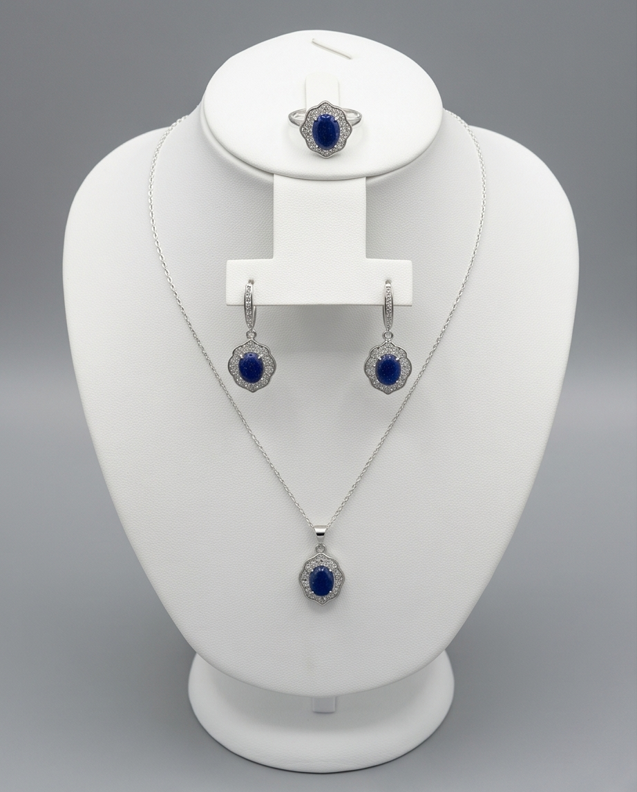 Lapis Vintage Blossom – Romantiskt set i 925 Silver & Oval Lapis Lazuli