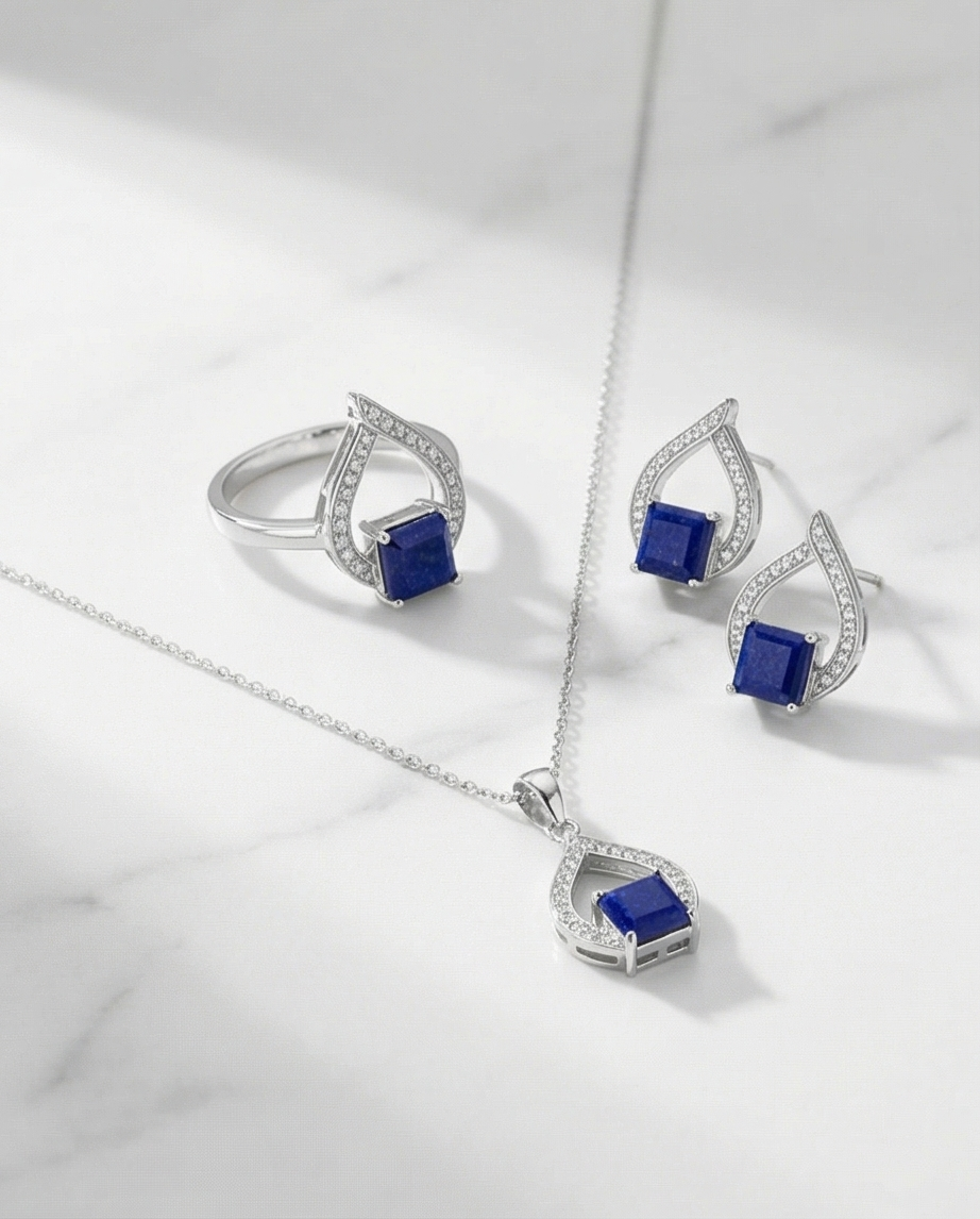 Lapis Geometric Droplet – Stilrent set i 925 Silver & Princess-cut Lapis