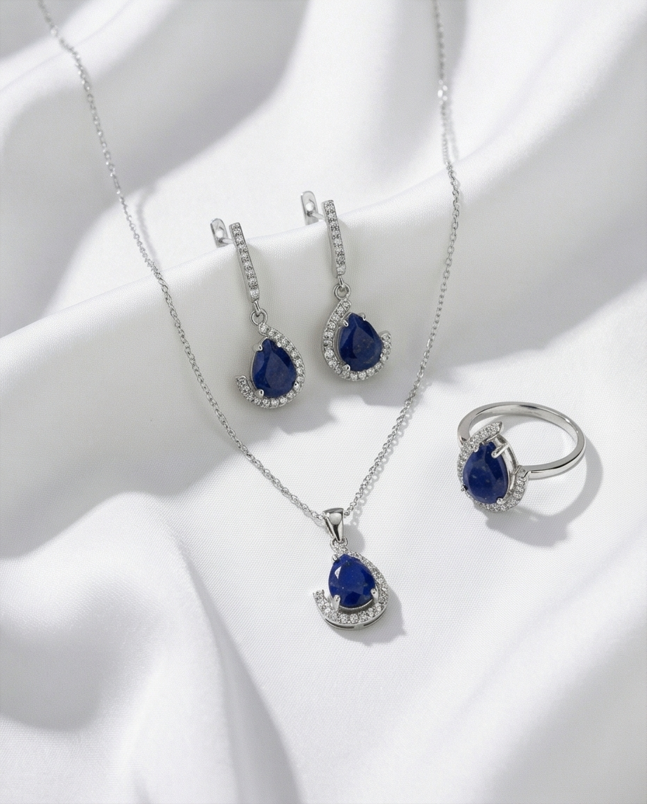 Lapis Deep Ocean Halo – Handgjort Silverset i 925 Sterling Silver