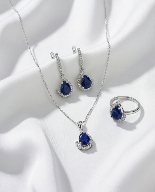 Lapis Deep Ocean Halo – Handgjort Silverset i 925 Sterling Silver