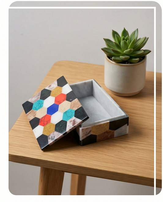 Mosaik Stone Box – Handgjord Ask i Blandade Naturstenar