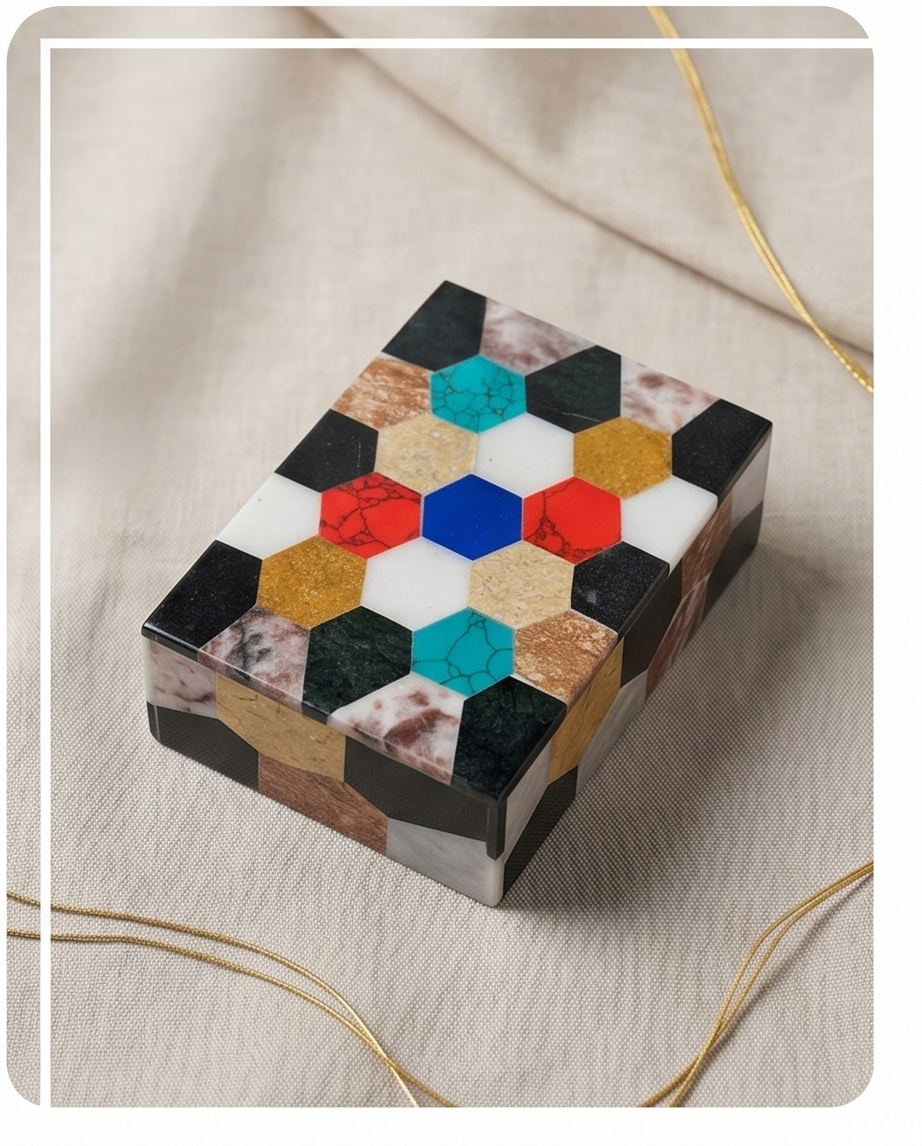 Mosaik Stone Box – Handgjord Ask i Blandade Naturstenar