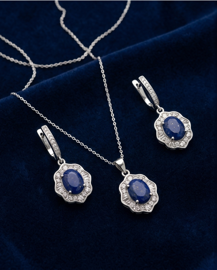 Lapis Vintage Blossom – Romantiskt set i 925 Silver & Oval Lapis Lazuli