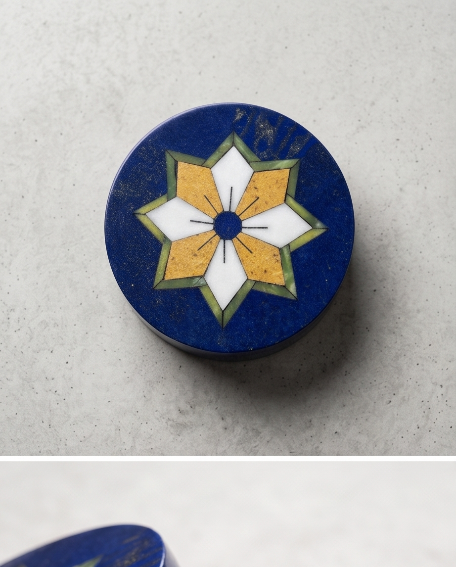 Lapis Stella – Rund ask i solid lapis lazuli och natursten