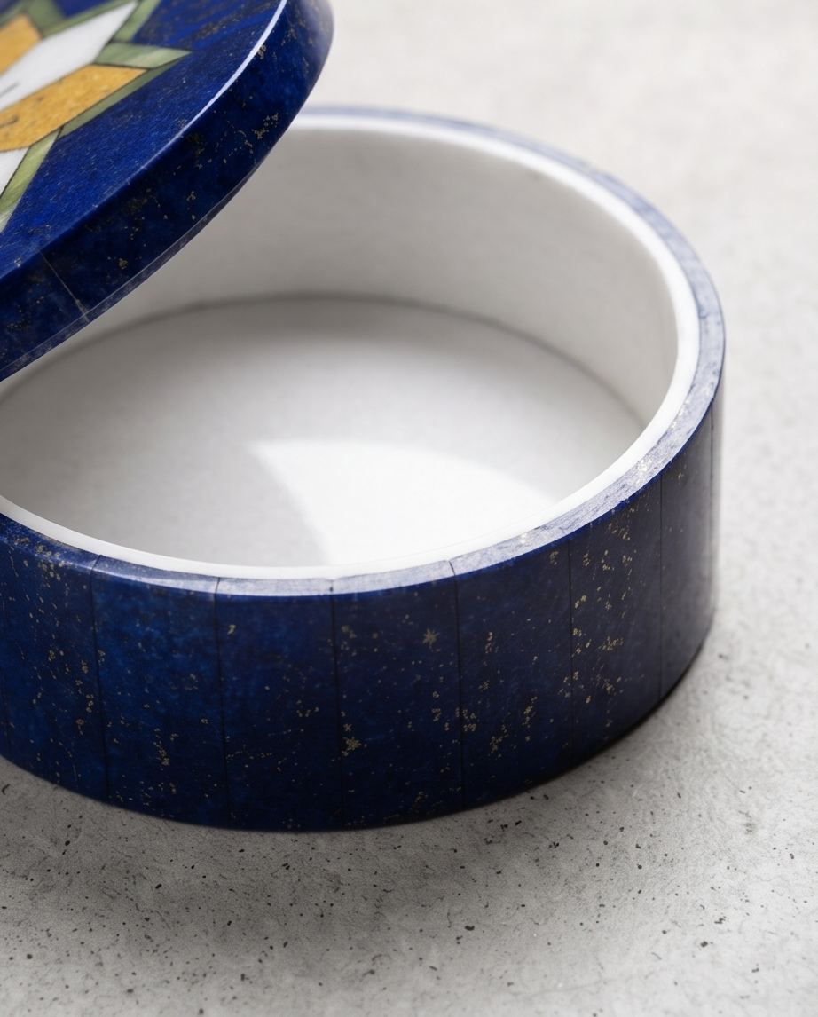 Lapis Stella – Rund ask i solid lapis lazuli och natursten