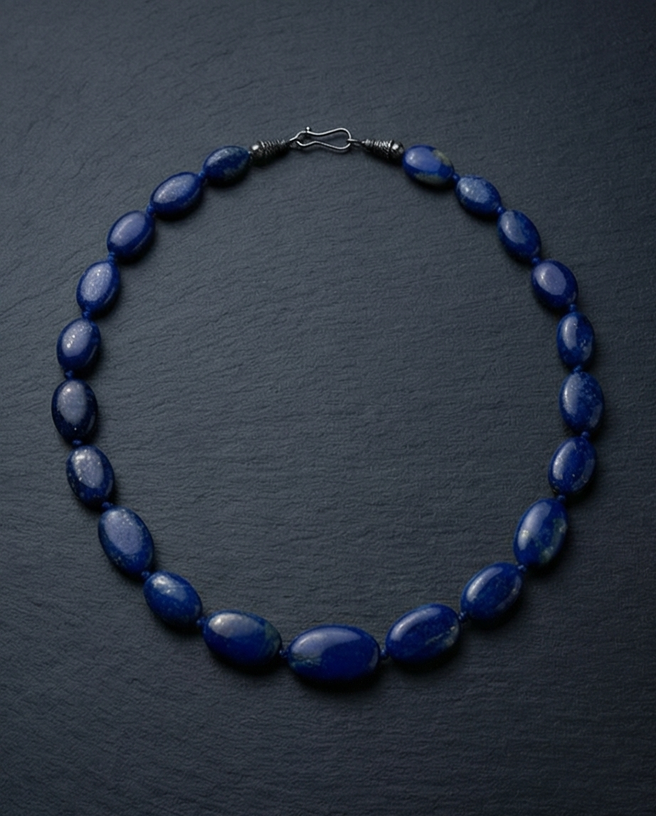 Lunaria Blue – Handgjort Halsband i Lapis Lazuli med Oval Slipning