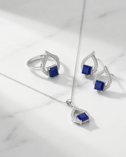 Lapis Geometric Droplet – Stilrent set i 925 Silver & Princess-cut Lapis
